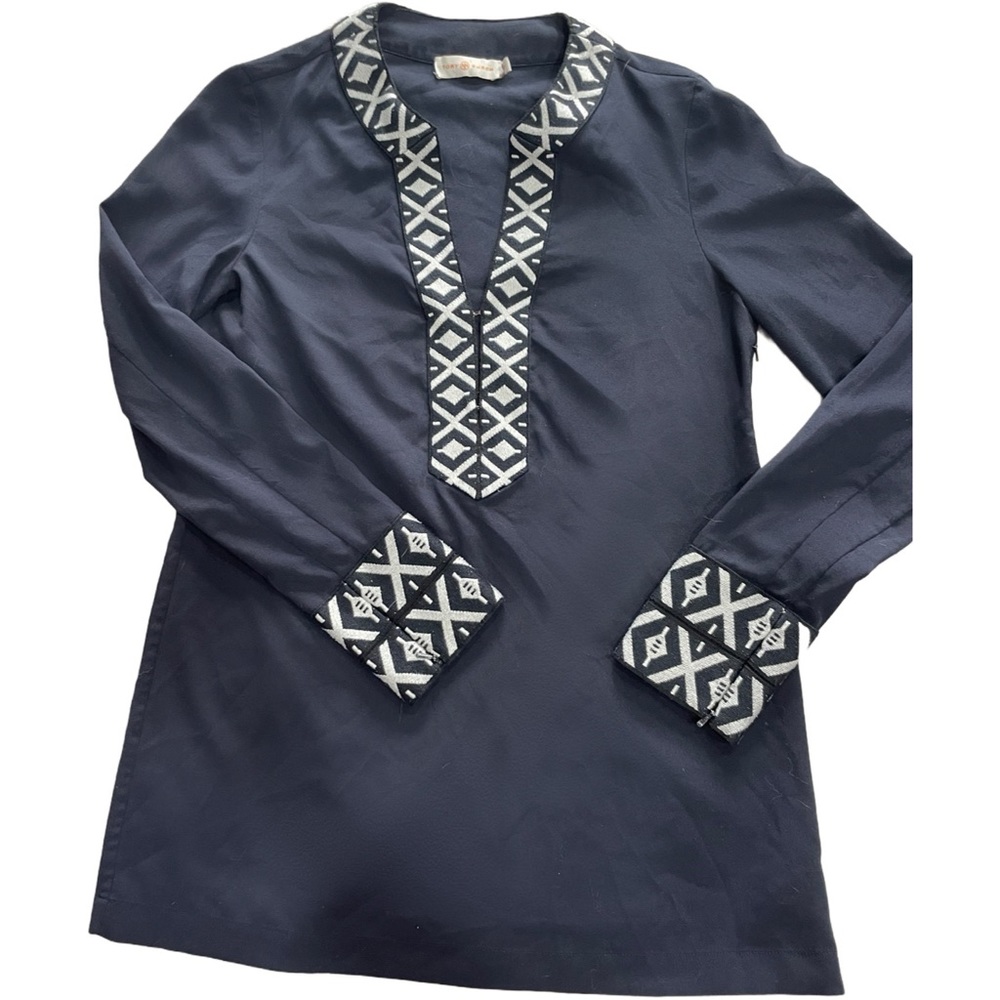 Tory Burch Ariana Tribal Embroidered Navy Tunic Size 0 EUC